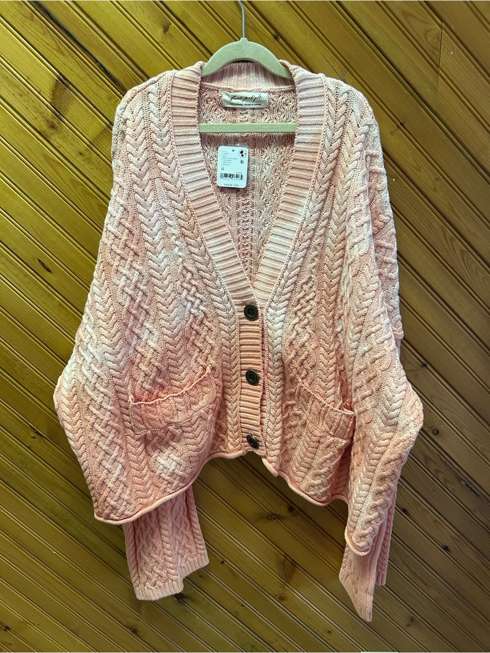 Free People Blush Pink Cable Knit Button Cardigan